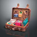 Open Brown Suitcase With Camera Kettle Rope Books And Colorful Box