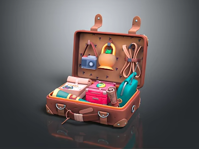 Open Brown Suitcase With Camera Kettle Rope Books And Colorful Box 3d model