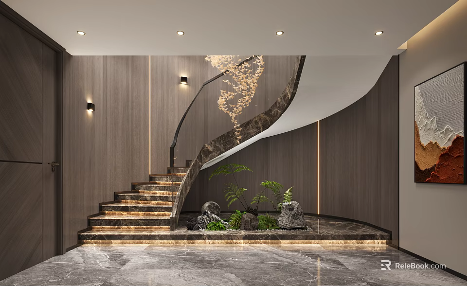 Modern Staircase Interior Design With Curved Wooden Walls Lit Steps And Marble Floor 3d model 