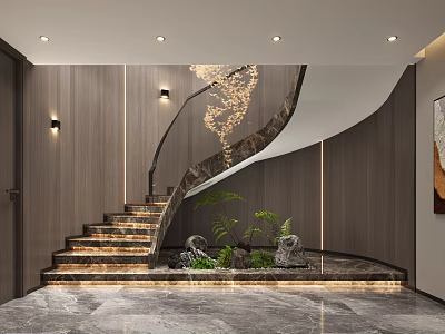Modern Staircase Interior Design With Curved Wooden Walls Lit Steps And Marble Floor 3d model