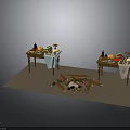 Party Dining Tables Setup With Decorative Fruits Bottles Tablecloth And Scattered Wood Pieces On Floor