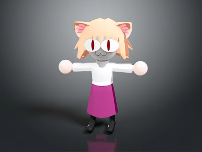 Animated Game Character With Blonde Hair Cat Ears Red Eyes White Top And Purple Skirt 3d model