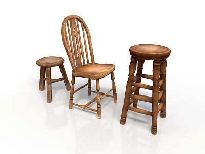 Vintage Wooden Furniture Collection Chair and Stools with Natural Wood Design Carved Backrest Different Heights 3d model