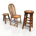 Vintage Wooden Furniture Collection Chair and Stools with Natural Wood Design Carved Backrest Different Heights
