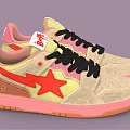 Beige Sneakers With Pink Sole Red Star Design Black Laces And Pink Tongue