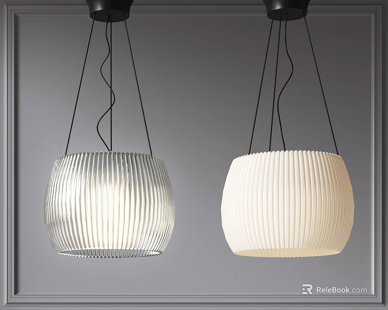 Two Modern Pendant Lights With Striped Shades In White And Cream For Indoor Decor 3d model 