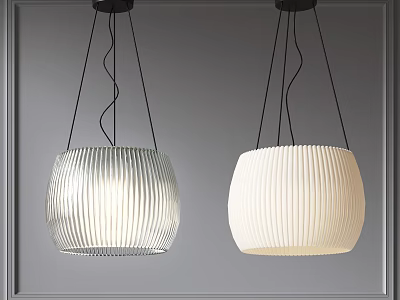 Two Modern Pendant Lights With Striped Shades In White And Cream For Indoor Decor 3d model