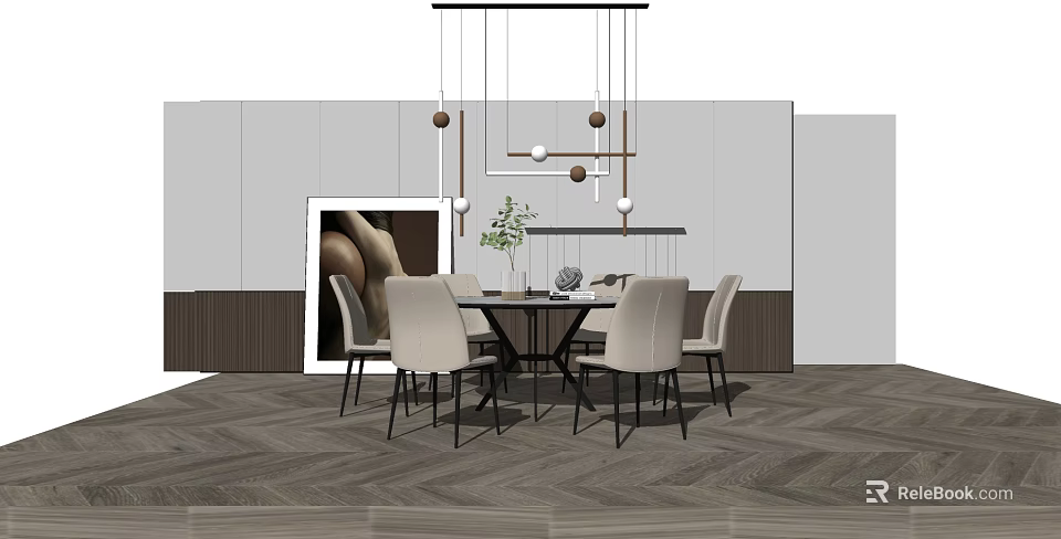 Modern Dining Table Set With Beige Chairs Pendant Lights And Herringbone Floor 3d model