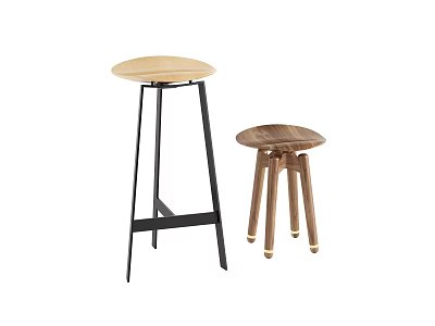 Two Modern Bar Stools With Different Heights Wooden Seats Metal Frame And Wooden Legs 3d model