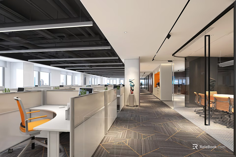 Modern Public Office Space With Cubicles Orange Chairs Geometric Carpet And Glass Partitions 3d model 