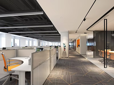 Modern Public Office Space With Cubicles Orange Chairs Geometric Carpet And Glass Partitions 3d model
