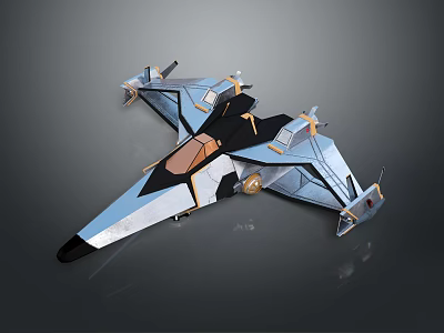 Futuristic Blue And White Aircraft With Aerodynamic Design And Golden Accents 3d model