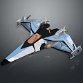 Futuristic Blue And White Aircraft With Aerodynamic Design And Golden Accents