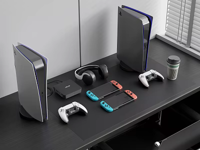 Dual Gaming Consoles With Controllers Headset And Accessories On Desk 3d model