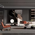 Modern Black Living Room Interior With Spiral Staircase Bookshelves And Sofa
