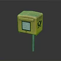 Yellow Weathered Mailbox On Metal Pole With Text And Logo