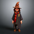 Cartoon Wizard Character Wearing Pointed Hat Red Yellow Scarf Grey Robe House Badge Brown Shoes