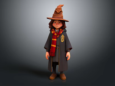Cartoon Wizard Character Wearing Pointed Hat Red Yellow Scarf Grey Robe House Badge Brown Shoes 3d model