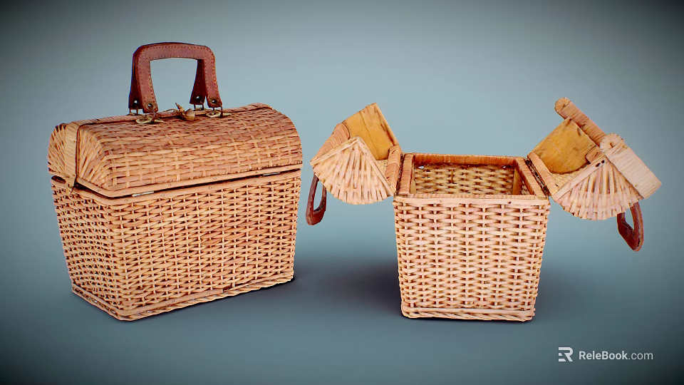 Handwoven Wicker Boxes One Closed With Leather Handle And One Open With Compartments 3d model 