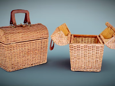 Handwoven Wicker Boxes One Closed With Leather Handle And One Open With Compartments 3d model