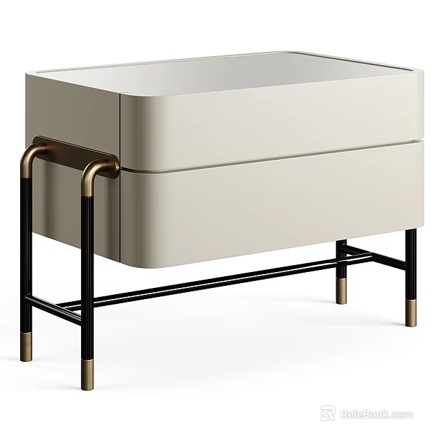 Modern Beige Nightstand With Single Drawer Black Metal Frame And Gold Accent Legs 3d model 