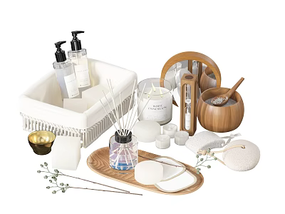 Elegant Bathroom Ensemble Featuring Aromatherapy Candles Wooden Accessories Hand Soap Tray And Basket 3d model