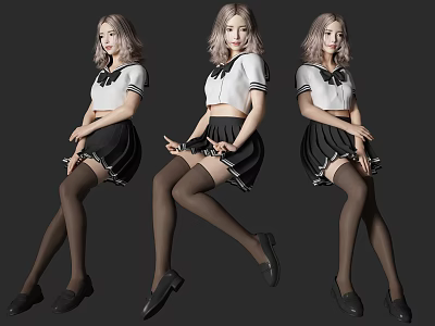 Women In White Tops Black Skirts And Bow Ties With Black Stockings In Different Poses 3d model