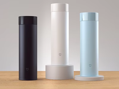 Modern Vacuum Flask In Black White Light Blue With Sleek Design On Wooden Tabletop 3d model