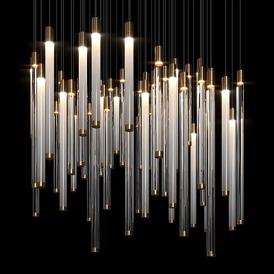 Elegant Modern Transparent Tube Chandelier With Gold Accents And Warm Lighting 3d model
