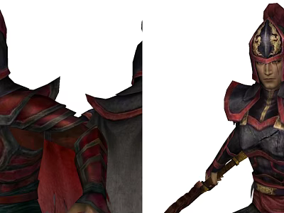 Game Movie Character In Red And Black Ornate Armor With Helmet And Weapon 3d model