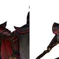 Game Movie Character In Red And Black Ornate Armor With Helmet And Weapon