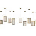 Multiple Wooden Frame Pendant Lights Featuring Lattice Design Against Black Background 3d model