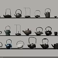 Assorted Tea Set with Teapots and Teacups Arranged on Three Black Shelves 3d model