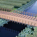 Scenic Wooden Landscape Bridge Over Reed Fields With White Flowers And Green Trees