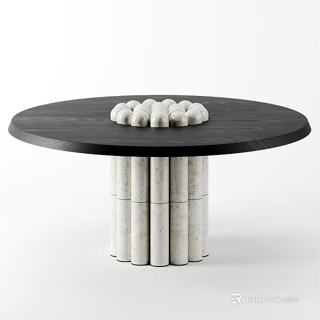 Dark Wooden Round Dining Table With White Marble Cylindrical Legs And Decorative Objects 3d model