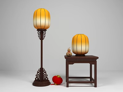 Traditional Chinese Lanterns With Yellow Orange Gradient Carved Wooden Frames Floor Standing And Tabletop 3d model