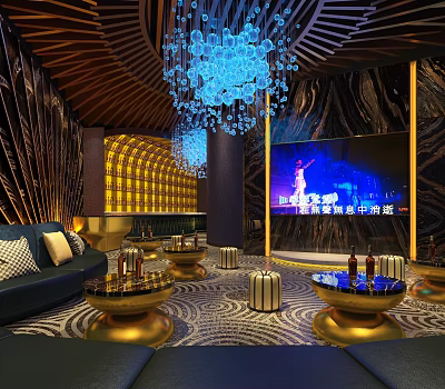 Elegant KTV Lounge Interior With Blue Chandeliers Large Screen Sofa And Coffee Tables 3d model