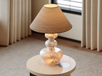 Beige Fabric Lampshade Table Lamp With Transparent Stacked Spherical Base On White Round Table 3d model