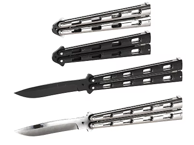 Collection Of Butterfly Knives With Metal Handles Folding Design And Silver Black Blades 3d model