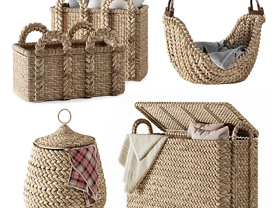 Handwoven Wicker Storage Baskets for Home Living with Lids and Open Designs Textile Organizers 3d model