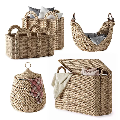 Handwoven Wicker Storage Baskets for Home Living with Lids and Open Designs Textile Organizers 3d model