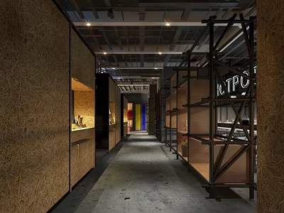 Industrial Style Hotel Corridor With Wooden Walls Metal Shelves And Ceiling Lights 3d model