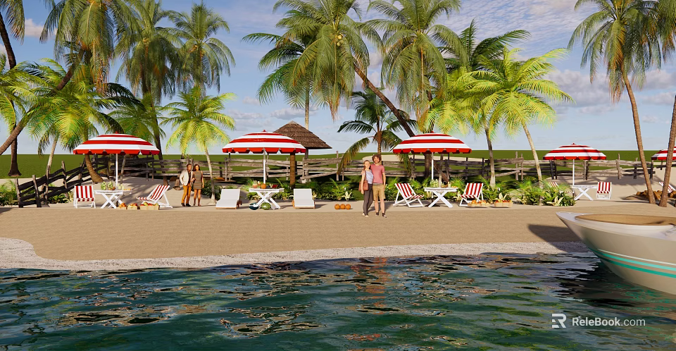 Tropical Beach Scene With Palm Trees Red White Striped Umbrellas Deck Chairs And Strolling People 3d model 