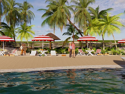 Tropical Beach Scene With Palm Trees Red White Striped Umbrellas Deck Chairs And Strolling People 3d model