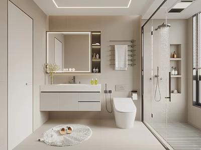Modern Bathroom Interior With Vanity Mirror Toilet And Glass Shower Area 3d model