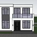 Modern White Detached Villa With Large Windows Second Floor Balcony And Green Trees