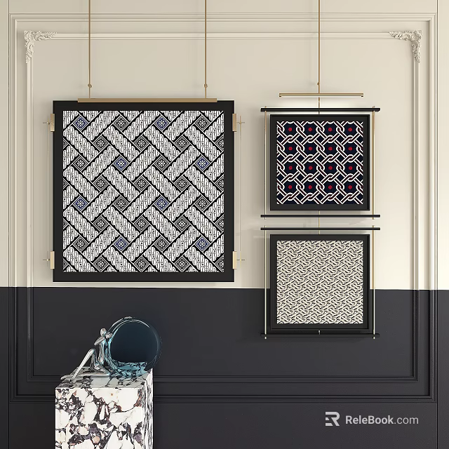 Abstract Paintings With Geometric Patterns In Black Frames Hanging On Two Tone Wall 3d model