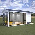 Modern Boutique Guesthouse With Glass Walls Blue Roof And Green Lawn Surroundings