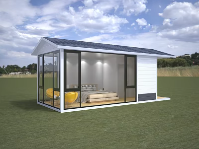 Modern Boutique Guesthouse With Glass Walls Blue Roof And Green Lawn Surroundings 3d model