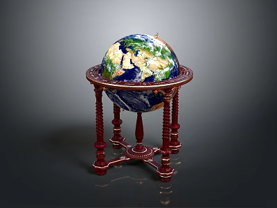 Decorative Globe With Blue Green Earth Surface On Ornate Red Wooden Stand 3d model